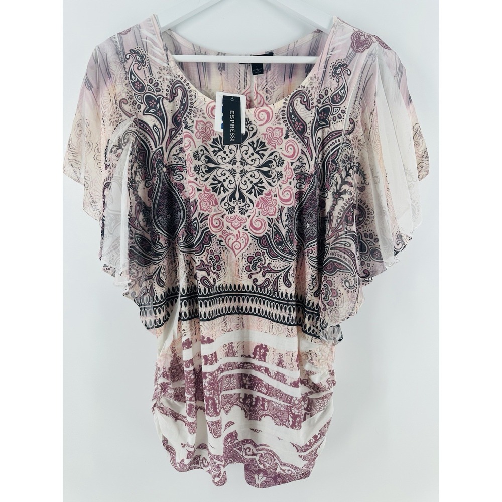 Expresso Top L Boho Paisley Flutter Sleeve Blouse Ruched Side Tunic NWT‎ BB22